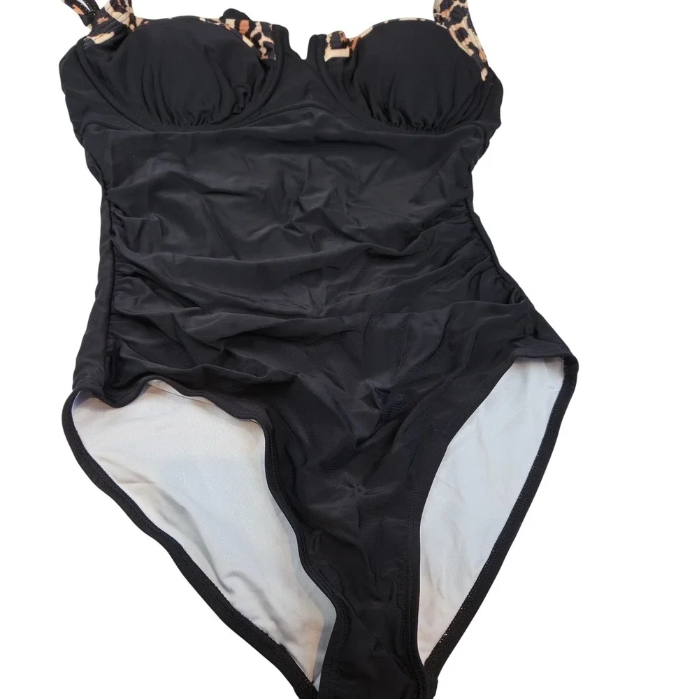 B2PRITY‎ One Piece Swimsuit Womens M Black Leopard Ruched Underwire Chic 419 NWT